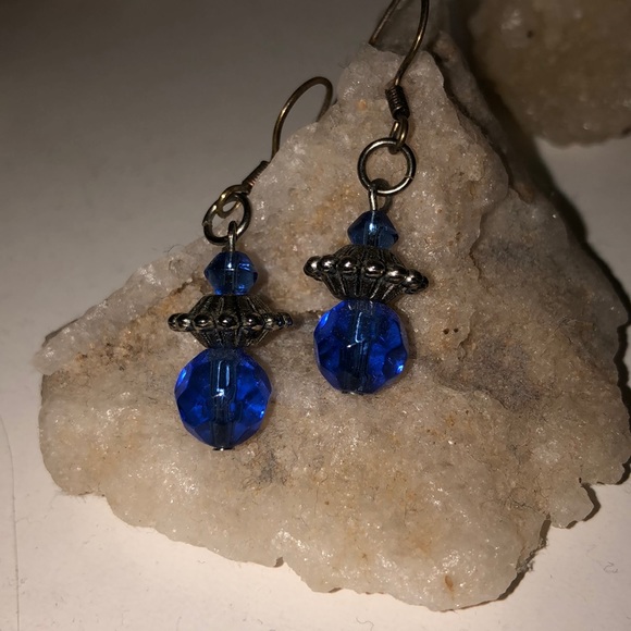 Handmade silver & sapphire blue crystal dangle earrings w/ fish hook back - Picture 5 of 6